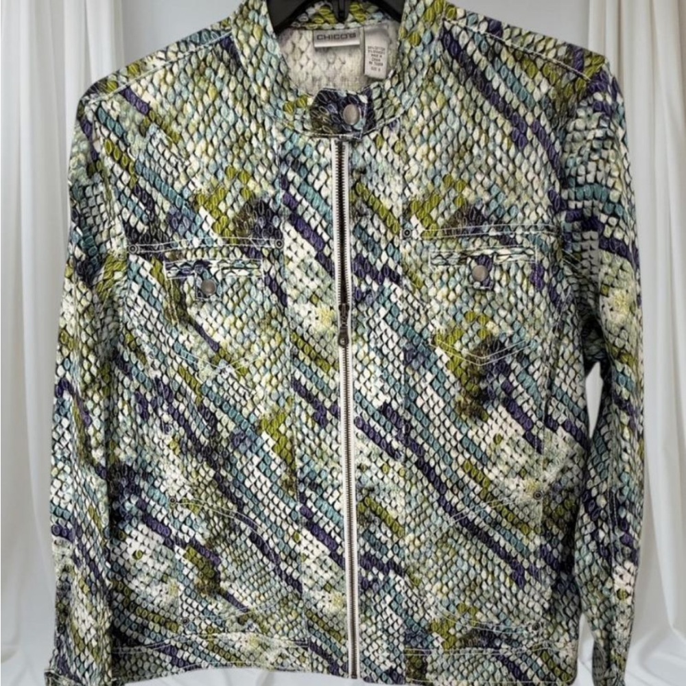 Chico's Zip-Front Jacket | Blue & Green Colorful Reptile/Snakeskin Print | XL